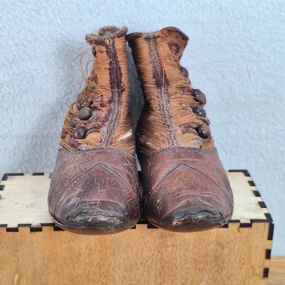 Antique Victorian Baby Boots High-Top Button Brown Leather Textile Pair Vintage